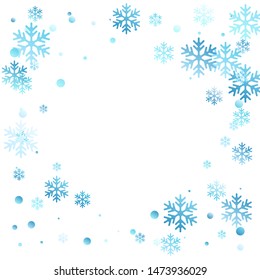 Winter snowflakes and circles border vector illustration. Unusual gradient snow flakes isolated card background. New Year 2019 card border pattern template with minimal snowflake shapes isolated.