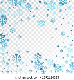 Winter snowflakes and circles border vector backdrop. Unusual gradient snow flakes isolated flyer background. New Year card border pattern template with flying snowflake elements isolated.