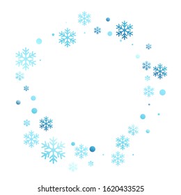 Winter snowflakes and circles border vector graphics. Unusual gradient snow flakes isolated card background. New Year card border pattern template with simple snowflake elements isolated.