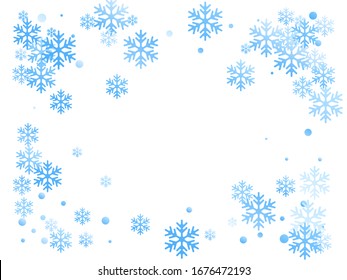 Winter snowflakes and circles border vector backdrop. Unusual gradient snow flakes isolated poster background. New Year card border winter pattern with cute snowflake shapes isolated.