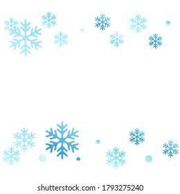 Winter snowflakes and circles border vector graphics. Unusual gradient snow flakes isolated flyer background. New Year 2019 card border pattern template with simple snowflake elements isolated.