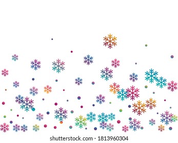 Winter snowflakes and circles border vector graphics. Unusual gradient snow flakes isolated flyer background. New Year card border holiday pattern with trendy snowflake elements isolated.