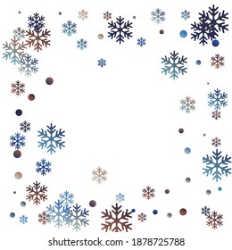 Winter snowflakes and circles border vector backdrop. Unusual gradient snow flakes isolated card background. New Year card border holiday pattern with trendy snowflake elements isolated.