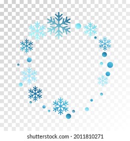Winter snowflakes and circles border vector illustration. Unusual gradient snow flakes isolated flyer background. New Year card border pattern template with simple snowflake elements isolated.