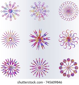 Winter snowflakes in colorful design, holiday abstract geometric shape designs. a set of low poly colorful snowflakes over a white gradient background for design and decoration
