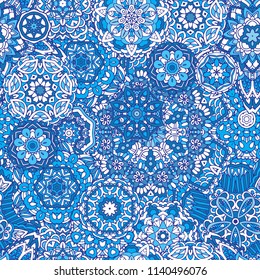 Winter snowflakes Damask flower seamless pattern blue background