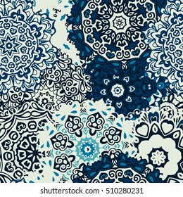 Winter snowflakes Damask flower seamless pattern blue background