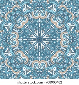 Winter snowflakes Damask flower seamless pattern blue background