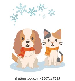 Winter snowflakes and dog and cat illustration, simple vector illustration