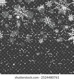Copos de nieve de invierno cayendo sobre fondo transparente para el diseño de Navidades. Ilustración vectorial