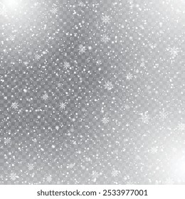 Copos de nieve de invierno cayendo sobre fondo transparente para el diseño de Navidades. Ilustración vectorial