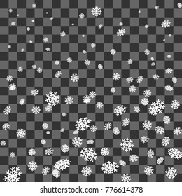 Winter snowflakes falling transparent background. Christmas defocused shimmer snow confetti. Snowfall vector illustration frost season. Magical blur storm fantasy snowy weather. Greeting holiday.