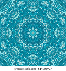 Winter snowflakes flower seamless pattern blue background
