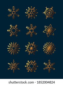 winter snowflakes icon set over black background, gradient style, vector illustration