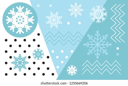 Winter snowflakes memphis style. Retro minimal design 80s, 90s. Hipster elements of snowflakes and Memphis style on a light blue background, Vector Illustration