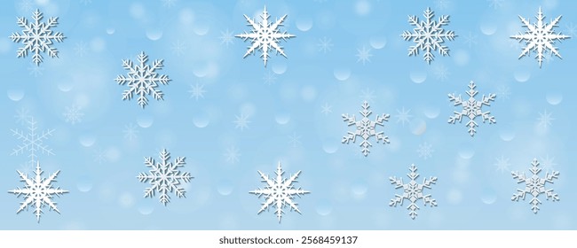 Winter snowflakes on a beautiful background. The atmosphere is calm and peaceful, evoking the magic and stillness of a snowy day. Design for banner, cards, prints, social media, poster, flyer.Eps 10.