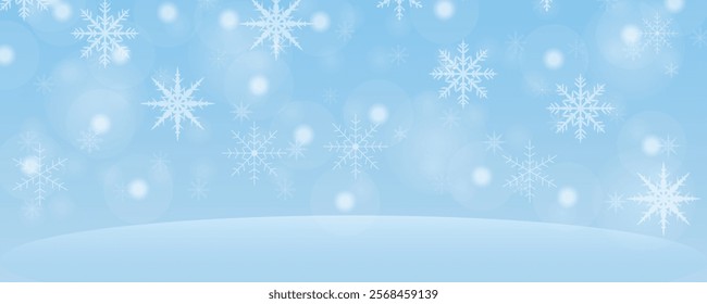 Winter snowflakes on a beautiful background. The atmosphere is calm and peaceful, evoking the magic and stillness of a snowy day. Design for banner, cards, prints, social media, poster, flyer.Eps 10.