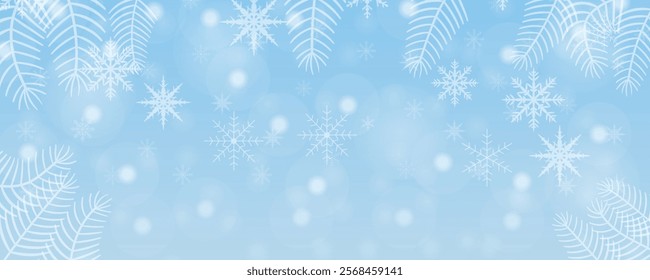 Winter snowflakes on a beautiful background. The atmosphere is calm and peaceful, evoking the magic and stillness of a snowy day. Design for banner, cards, prints, social media, poster, flyer.Eps 10.