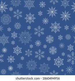 Winter snowflakes on the blue background. Seamless pattern. Decor swatch for your design. Vector illustration.