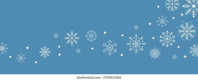 Copos de nieve de invierno sobre un fondo azul. Copos de nieve blancos geométricos mínimos, Anuncio de temporada elegante para Navidades, año Nuevo y proyectos de diseño invernal.