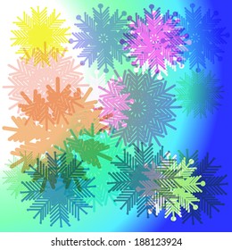 Winter snowflakes on colorful complex background.
