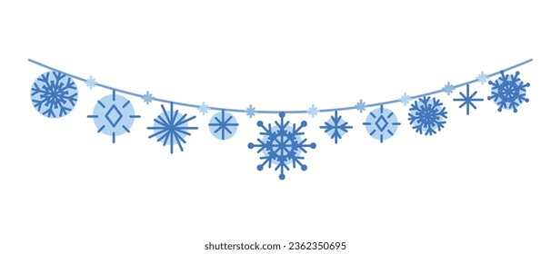Winter snowflakes on a string. Garland for New Year and Christmas. Winter snow banner in flat style. Vector garland with blue snowflakes.