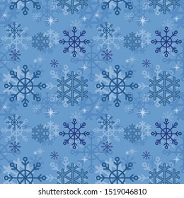 Winter snowflakes pattern for prints, wrapping paper, textile or fabric design. Blue Christmas seamless background with snowfall ornament.