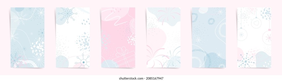 Copos de nieve de invierno con regalos de caja de regalo, formas de acuarela abstractas y decoraciones navideñas. Plantillas de diseño de redes sociales en colores azul rosado con ornamentos geométricos de invierno. Vector.