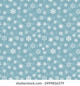 Winter Snowflakes Seamless Pattern. Christmas hand drawn white snow print on gray background. New year texture for print, wrapping paper, design, fabric, decor, gift, backgrounds. Not AI Vector.