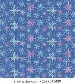 Winter snowflakes seamless pattern. Christmas blue background with cute elements