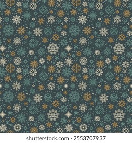 Winter snowflakes seamless pattern. Simple Christmas hand drawn abstract snow print on dark gray background. New year geometric motifs texture for print, wrapping paper, design, fabric, gift. Stock 