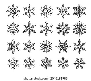 Winter snowflakes set, vector illustration. New year decoration. Line art snow icons collection. Design elements for Christmas banners, cards