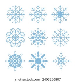 Winter snowflakes in a simple style, silhouette. Vector illustration in hand-drawn flat style