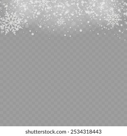 Copos de nieve de invierno y nevada sobre fondo transparente para Navidades y año Nuevo. Ilustración vectorial