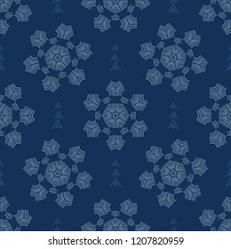 Winter Snowflakes Texture Seamless Vector Pattern. Drawn Starry Snow llustration for Seasonal Fashion Prints, Christmas Packaging, Christmas Paper Goods, Nordic Wrapping or Japanese Style Indigo Blue