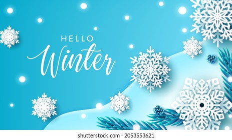 Winter snowflakes vector background design. Hello winter greeting text with snow flakes paper art pattern element in blue space for snow elements decoration. Vector illustration.
