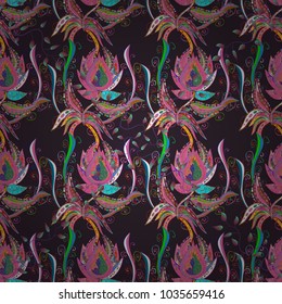 Winter snowflakes, vector background. Repeated texture for surface, wrapping paper, Snowflake on purple, pink and green colors.