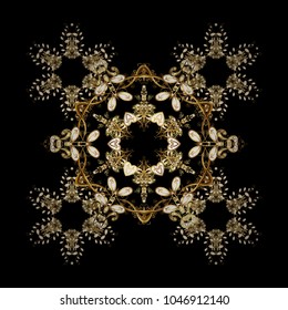 Winter snowflakes, vector background. Repeated texture for surface, wrapping paper, Snowflake on black, brown and yellow colors.