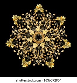 Winter snowflakes, vector background. Repeated texture for surface, wrapping paper, Snowflake on golden colors.