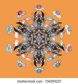 Winter snowflakes, vector background. Repeated texture for surface, wrapping paper, Snowflake on orange, gray and white colors.