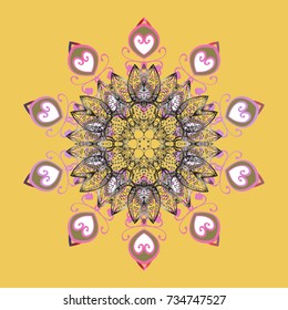 Winter snowflakes, vector background. Repeated texture for surface, wrapping paper, Snowflake on yellow, gray and pink colors.