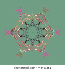 Winter snowflakes, vector background. Repeated texture for surface, wrapping paper, Snowflake on green, gray and brown colors.