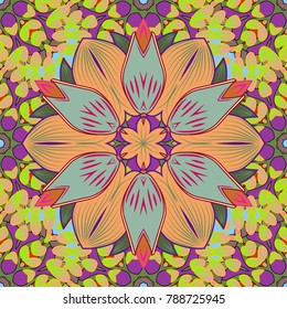 Winter snowflakes, vector background. Repeated texture for surface, wrapping paper, Snowflake on yellow, neutral and green colors.