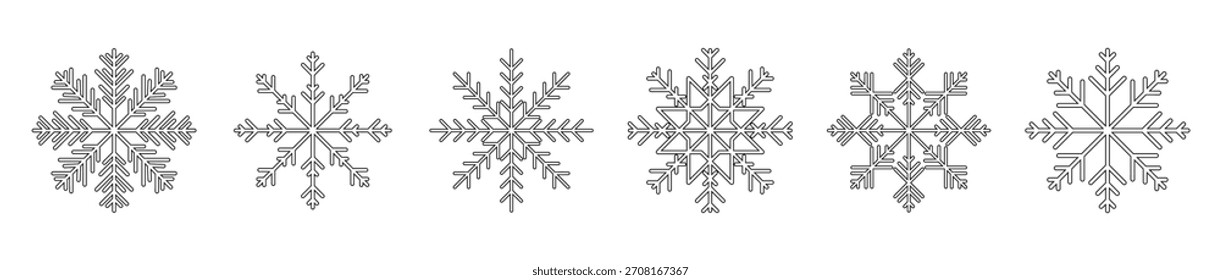 Winter snowflakes vector icons in outlined style. Snowflake symbols isolated on white background. Snowflakes template for winter cards, banners, seasonal graphic design.