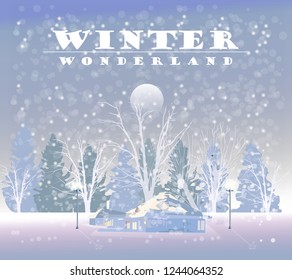 Winter snowing background Vector. Small house and woods. Christmas mood. cartoon styles