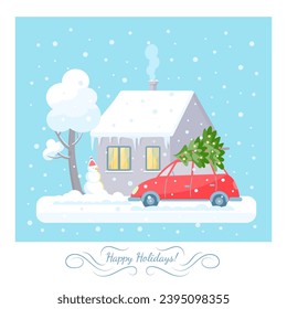Winter snowing landscape with a cottage, car and Christmas tree. Greeting holidays card with snowman. Vector illustration in flat style on the blue background.
