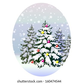 winter snowing landscape with a decorated Christmas tree vector illustration