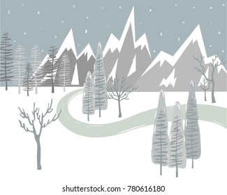 Winter snowing landscape vector illustration. Lonely road in winter landscape. Winter background and wallpaper. 