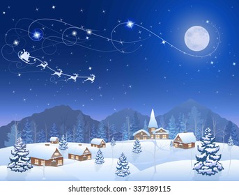 winter snowing village and christmas tree at night, santa claus in sleigh, mountains on the horizon, big moon in the starry sky, vector background