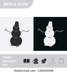 Winter snowman with bucket flat black and white vector icon.